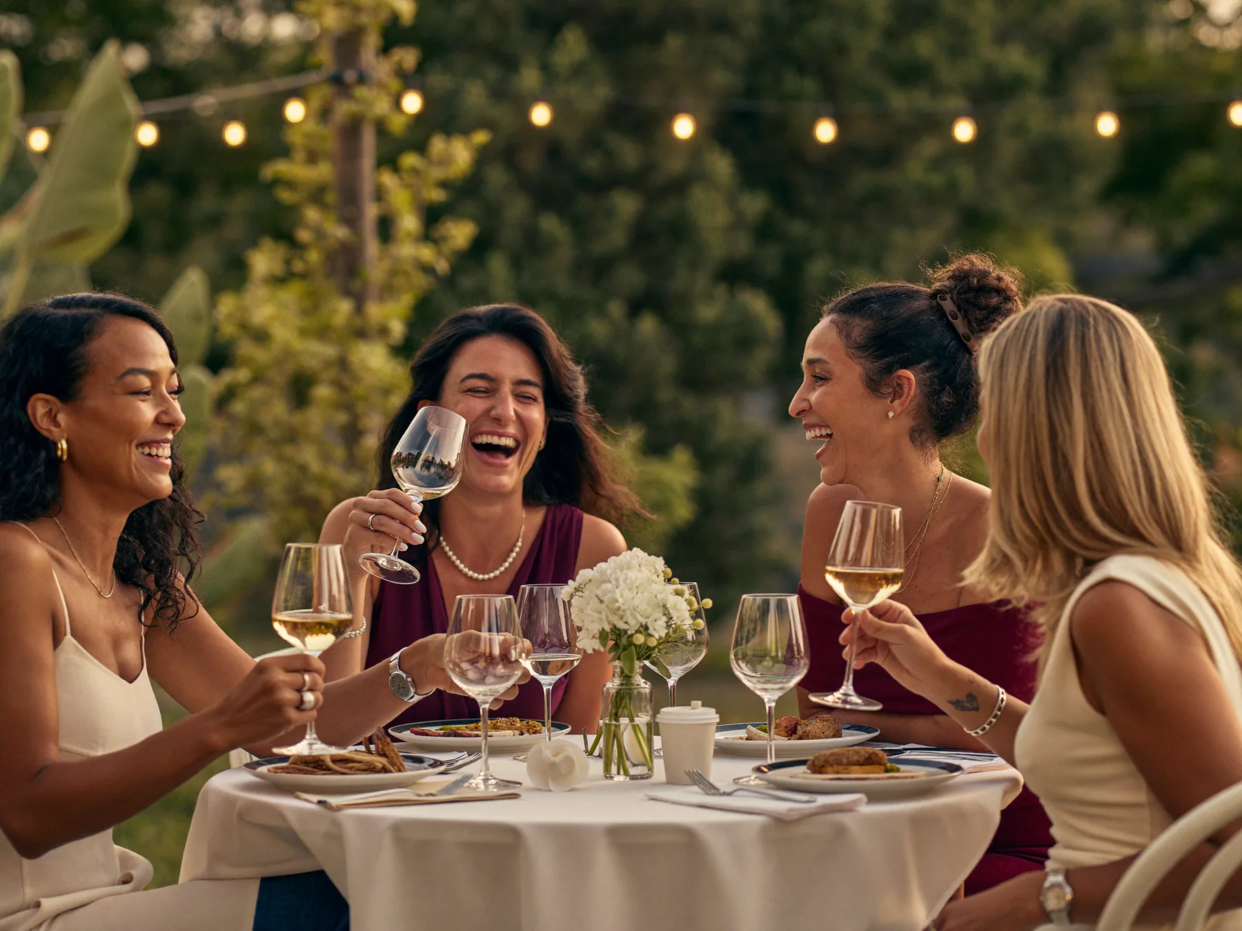 Four women laughing and raising their glasses around a garden table at golden hour, under string lights